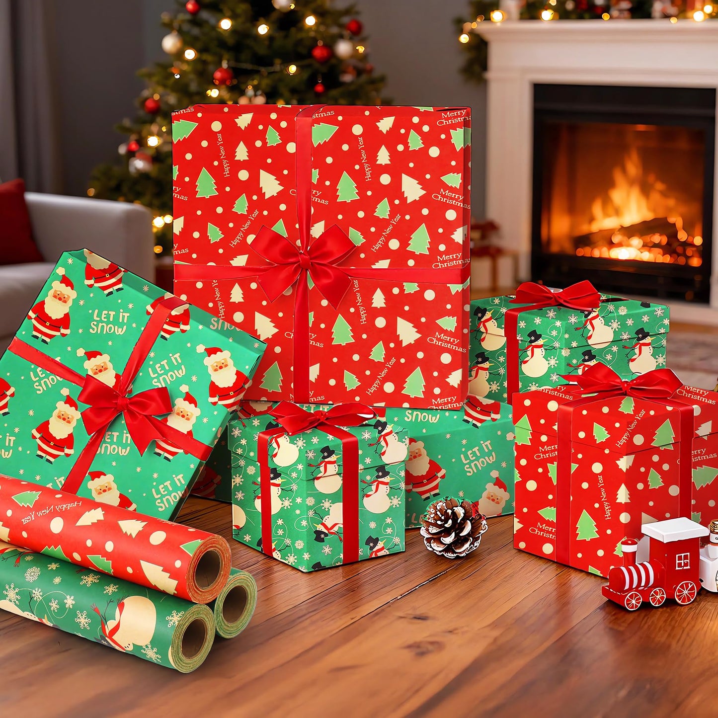 ENFANTRY Christmas Wrapping paper Rolls,3 Rolls Red and Green Xmas Wrapping Paper, Gift Wrapping Paper Christmas Bundle,Xmas tree Santa for Chrimas, Birthday, New Year, Valentines, Wedding, Holiday Deco, DIY