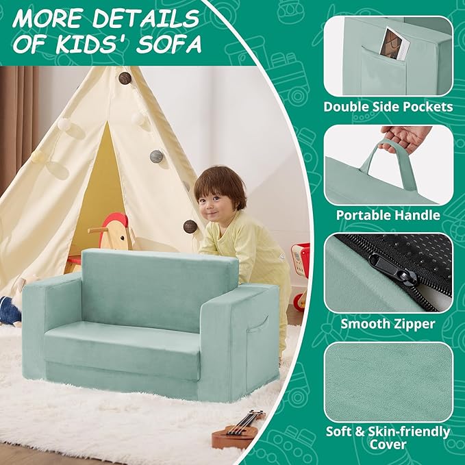 Kids Couch, 2-in-1 Toddler Chair Comfy 1-3 Years, Convertible Kids Chair