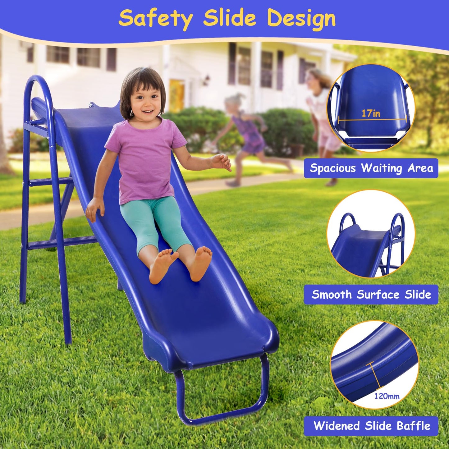 Lunafun Swing Set for Backyard with Kids Slide 440lbs Heavy-Duty Metal A-Frame 1 Saucer Swing Seat 1 Swings Seat & 1 Slide