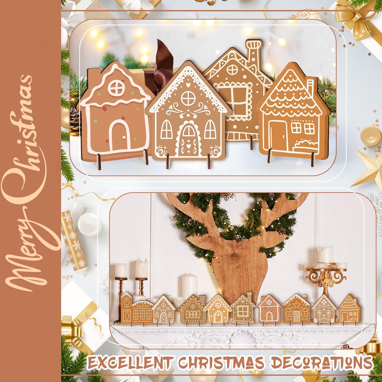 9Pcs Christmas Gingerbread House Tabletop Decorations Wooden Gingerbread Village Houses Table Centerpiece for Winter Holiday Home Office Coffee Bar Mantel Tabletop