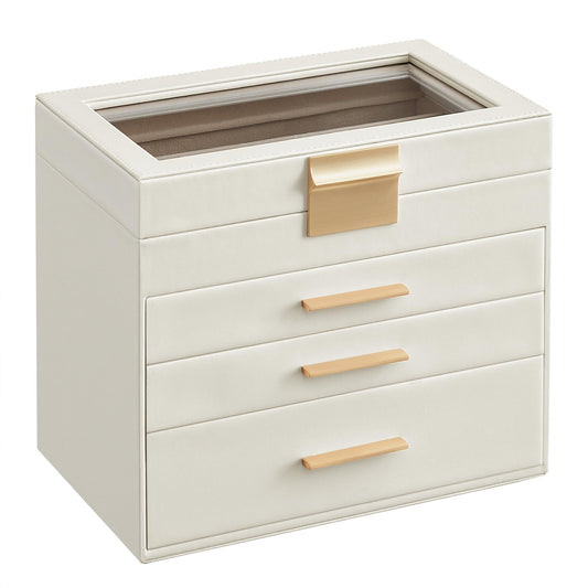 SONGMICS Jewellery Box with Glass Lid, 4-Layer Jewellery Storage Organiser with 3 Drawers, Plenty of Storage, Modern, Gift Idea, 15.3 x 25.1 x 21.5 cm, Cloud White and Gold Colour JBC161W01