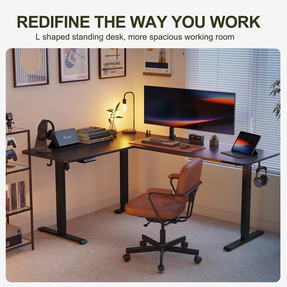 BANTI L-Shaped Standing Desk - 63 x 55 Inch Adjustable Corner Standing Desk with Charging Station - L Shape Sit Stand Table with Memory Controller, Splice Board for Home Office, Black