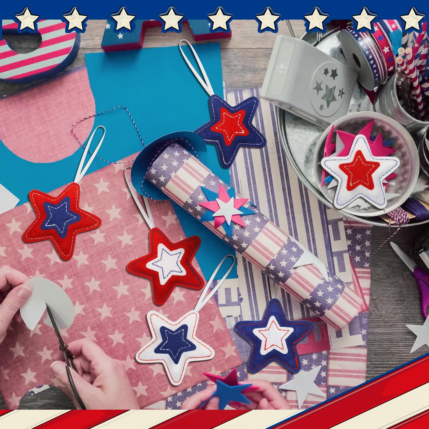 Geelin 18 Pcs 4th of July Ornaments Felt Star Patriotic Red White Blue Decoration for Tree 250th Anniversary Tree Decorations Red Blue White 3.14 Inch Hanging Stars for Party Decor(Classic Style)
