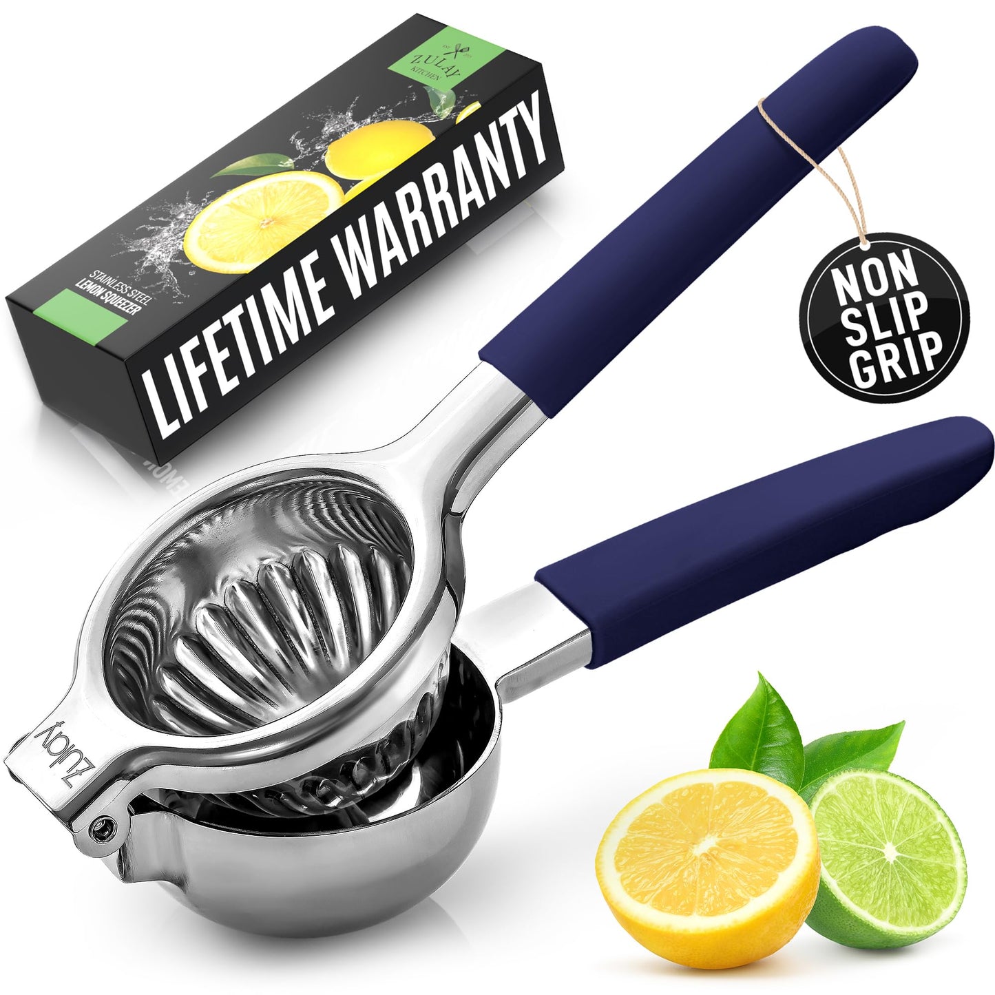 Zulay Lemon Squeezer Stainless Steel with Premium Heavy Duty Solid Metal Squeezer Bowl (Black Grip, Large)