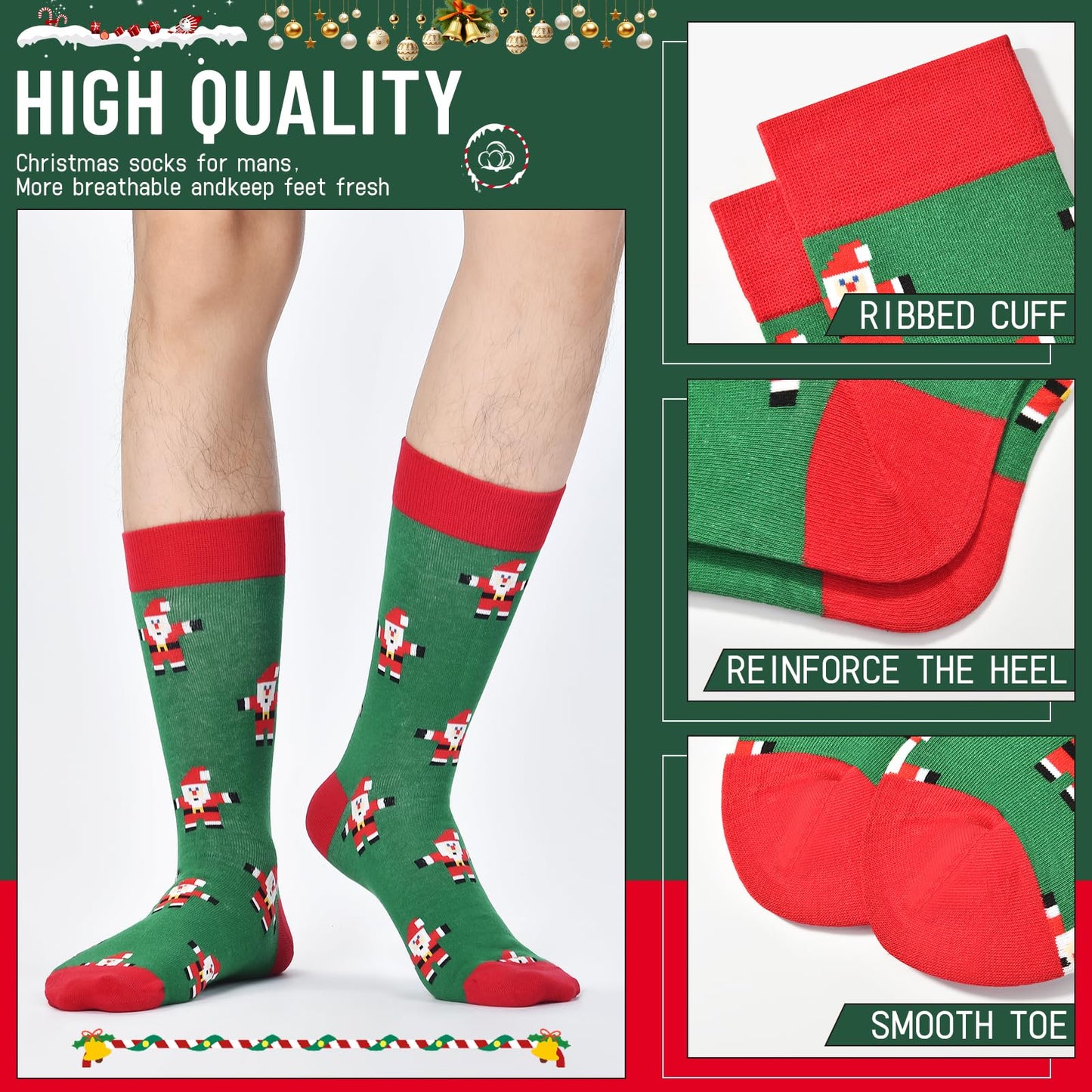 HSELL Mens Fun Patterned Dress Socks Funny Novelty Crazy Design Cotton Socks Gift for Men (4 Pairs - Christmas)