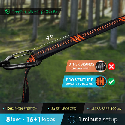 Pro Venture Hammock Straps and 2 Carabiners, 30+2 Loops, 1200lbs Breaking Strength (500lbs Rated) | 100% Non-Stretch, Lightweight, Portable Camping - Quick, Easy Setup | Heavy Duty + Tree Friendly