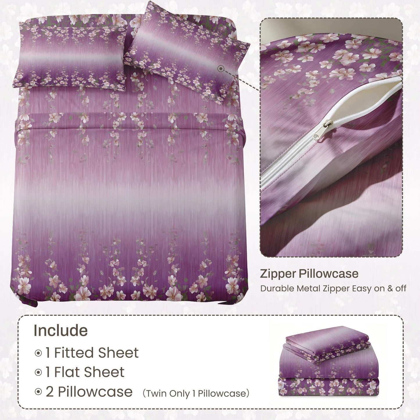 Girls Flower California King Sheet Set 4 Pcs Purple Gradient Bed Sheets