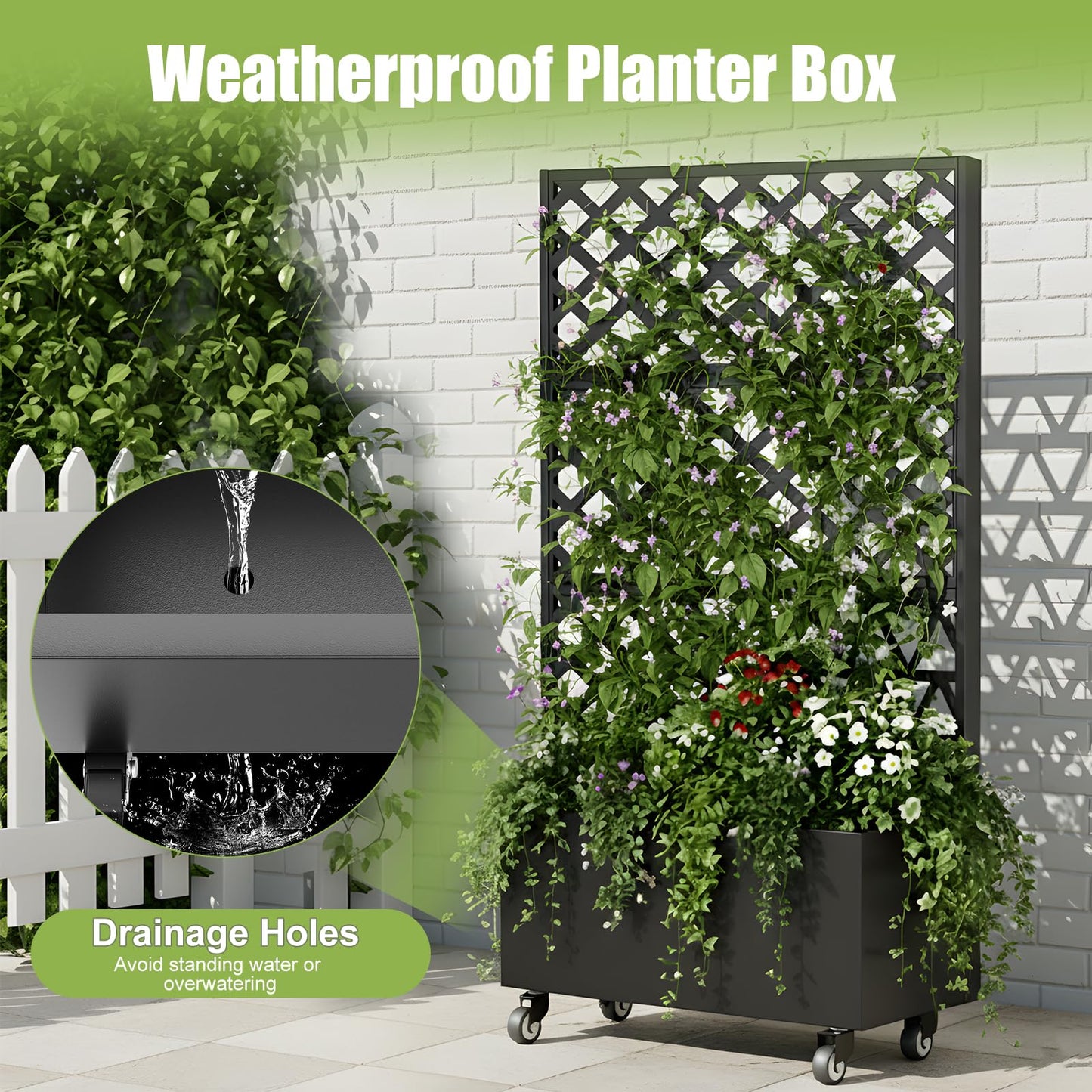 ZenithZest Metal Planter with Trellis, 72"x36"x16" Raised Garden Bed with Trellis and Wheels, Planter Box with with Privacy Screen for Climbing Plants, Flowers, Vegetables, Fruits