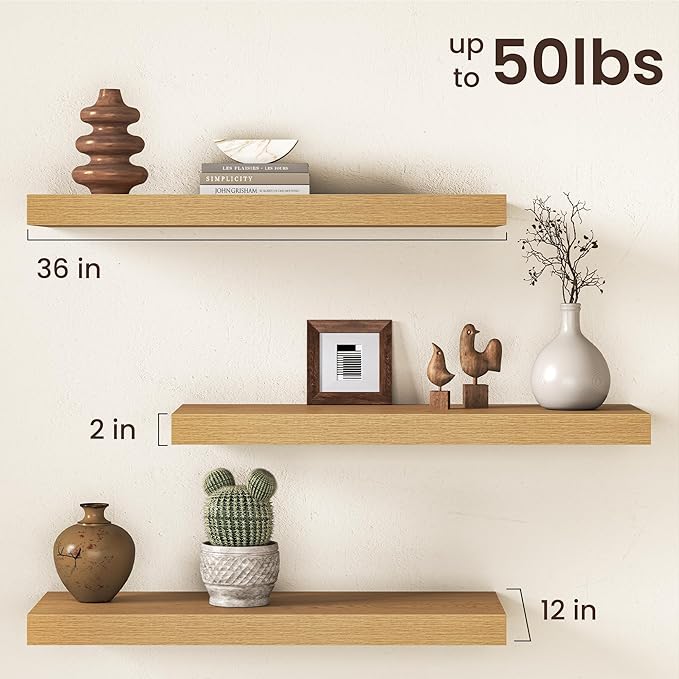 36Inch Oak Floating Shelves for Wall, 12 Inch Deep Shelves for Bedroom