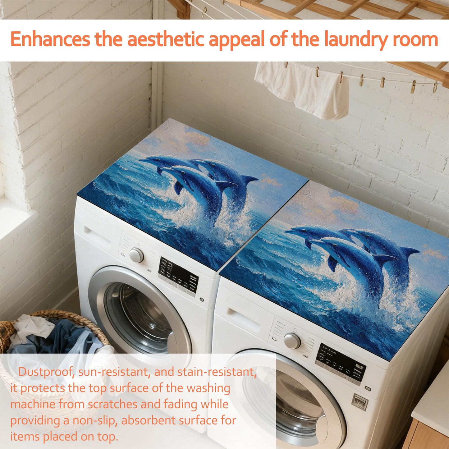 Blue Jumping Dolphins Washer and Dryer Covers for the Top,Washing Machine Dust Cover Pad Anti-slip Absorbent Protector Mat for Washer Dryer Home Decor,23.6"x19.7"