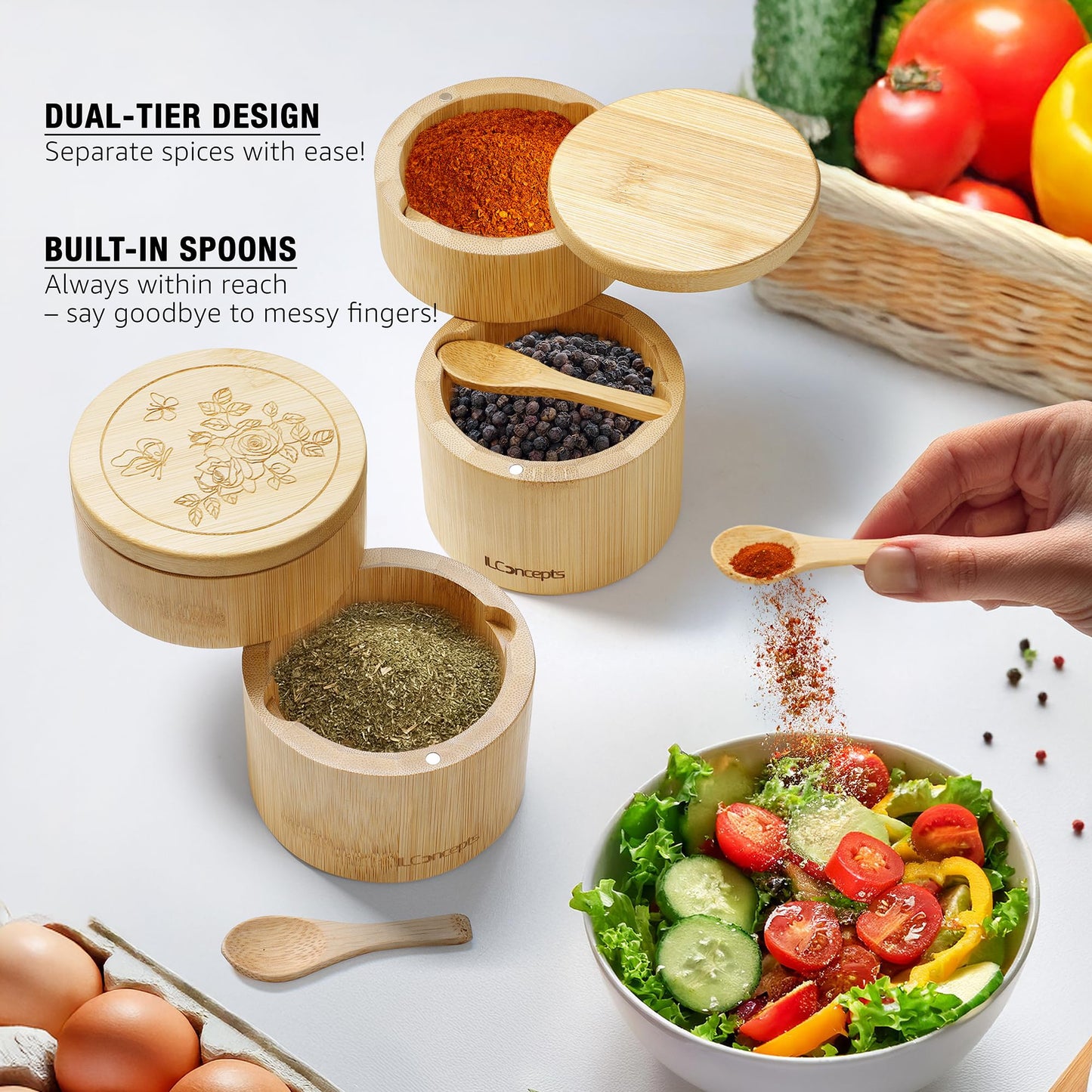 Bamboo Salt and Pepper Box, Bowl, Salt Cellar with Magnetic Swivel Lid and Spoons - Dual Compartment (8oz & 4oz) 2-Tier Wooden Container for Countertop, Holder for Sugar, Herbs, Spices (Rose Engr)