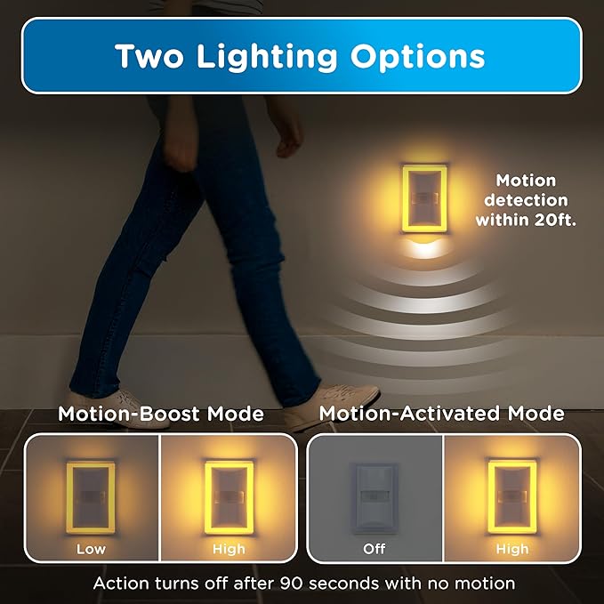 Enbrighten SleepLite Motion Sensor Night Lights Plug Into Wall Nightlight Amber Light Bathroom Bedroom Kitchen Nursery Kids Adults White 2-Pack