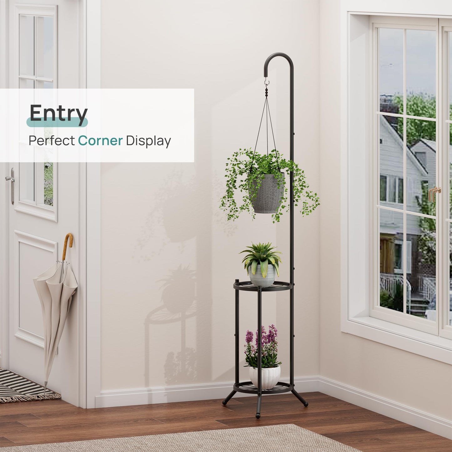 2-Tier Hanging Plant Stand, Heavy Duty Metal Planter Rack - Space Saving Indoor/Outdoor Shelves with 41" Hanging Space - Display Multiple Flower Pots, Tall Iron Plant Organizer for Living Room, Patio & Garden