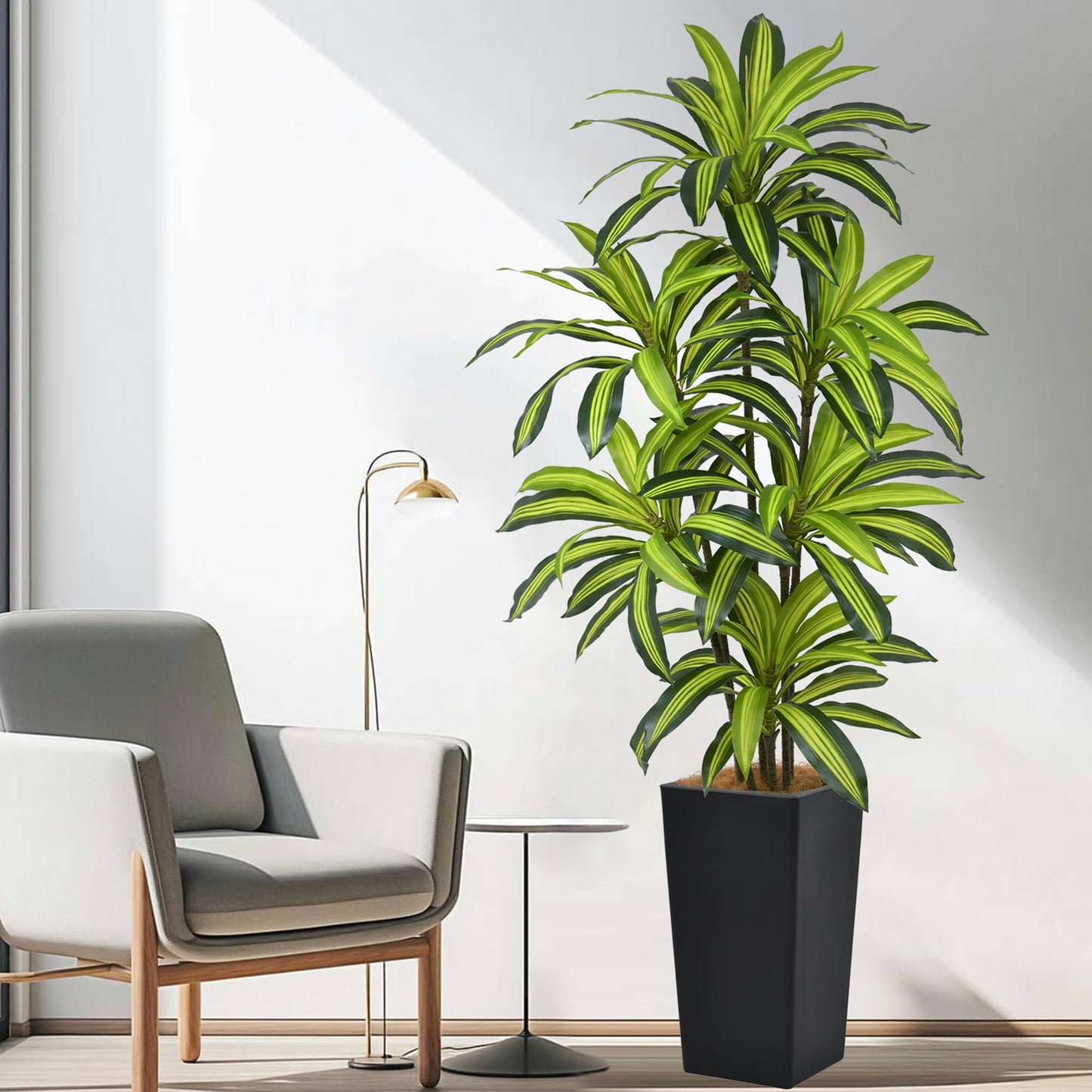 Artificial Dracaena Tree 6FT(72in) Tall Fake Silk Yucca Tree with Black Planter, Faux Floor Potted Artificial Plants for Home Office Living Room Indoor Decor (6feet,Tall Pot)
