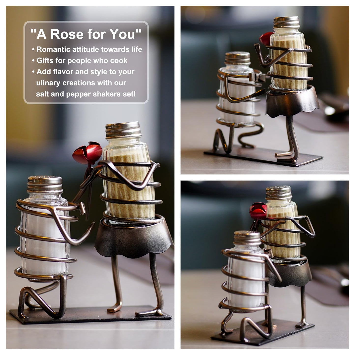 WDLFCGC Salt and Pepper Shakers Set - Romantic Rose Couple Kitchen Decor, Two Glass Shakers With Lids, Holder Caddy For Spices And Seasonings, For Kitchen, Dining Or Table Decor (rose lovers)