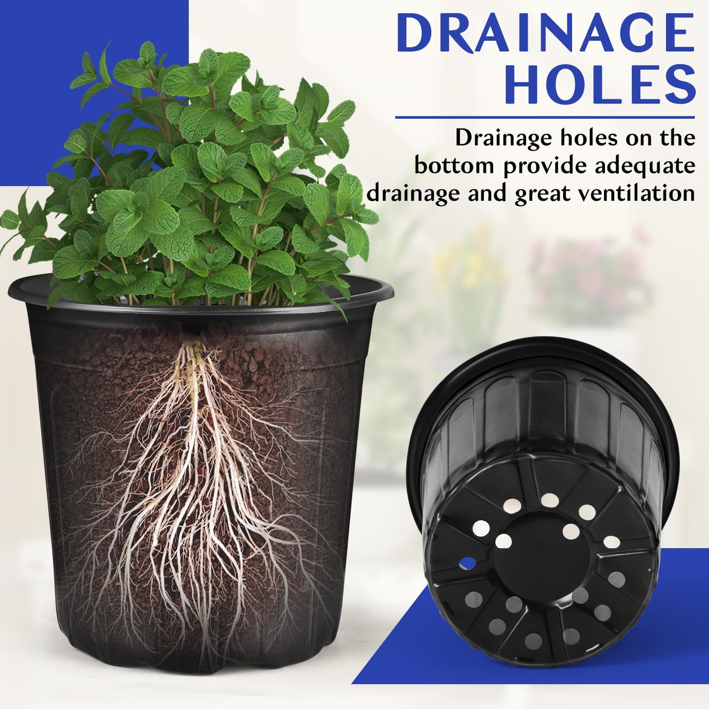 HQAUT 5 Gallon Pots for Plants, 11.4 Inch Gallon Nursery Pots with Drainage Holes, 5 Gallon Plastic Plant Pots for Cuttings, Seeding, Succulents, Transplanting