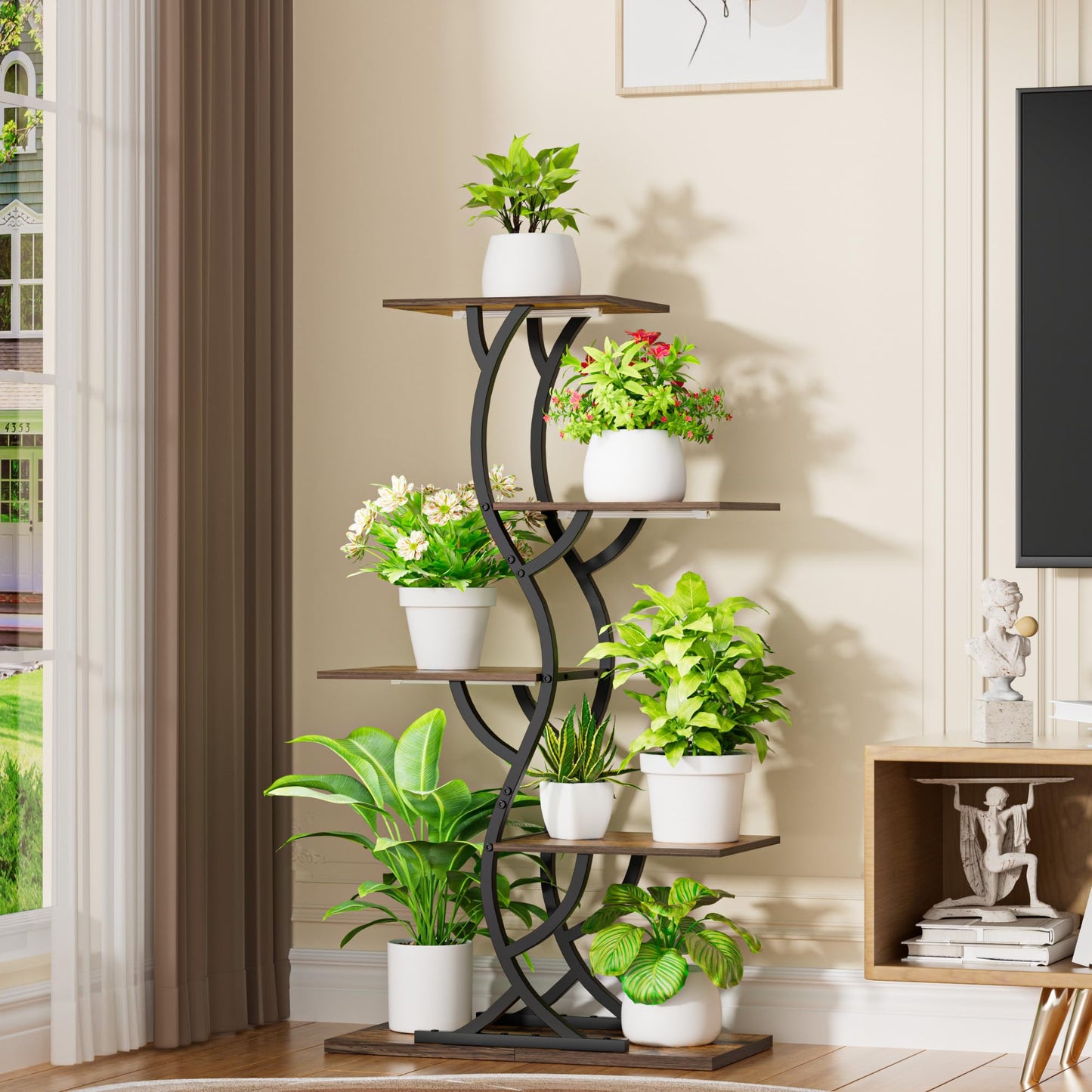 Plant Stand Indoor with Grow Lights - 44" Tall Corner Plant Stands for Indoor Plants, 5 Tiered Metal Plant Shelf, Curved Plant Flower Holder Dispaly Rack for Living Room, Home Patio Balcony (Black)
