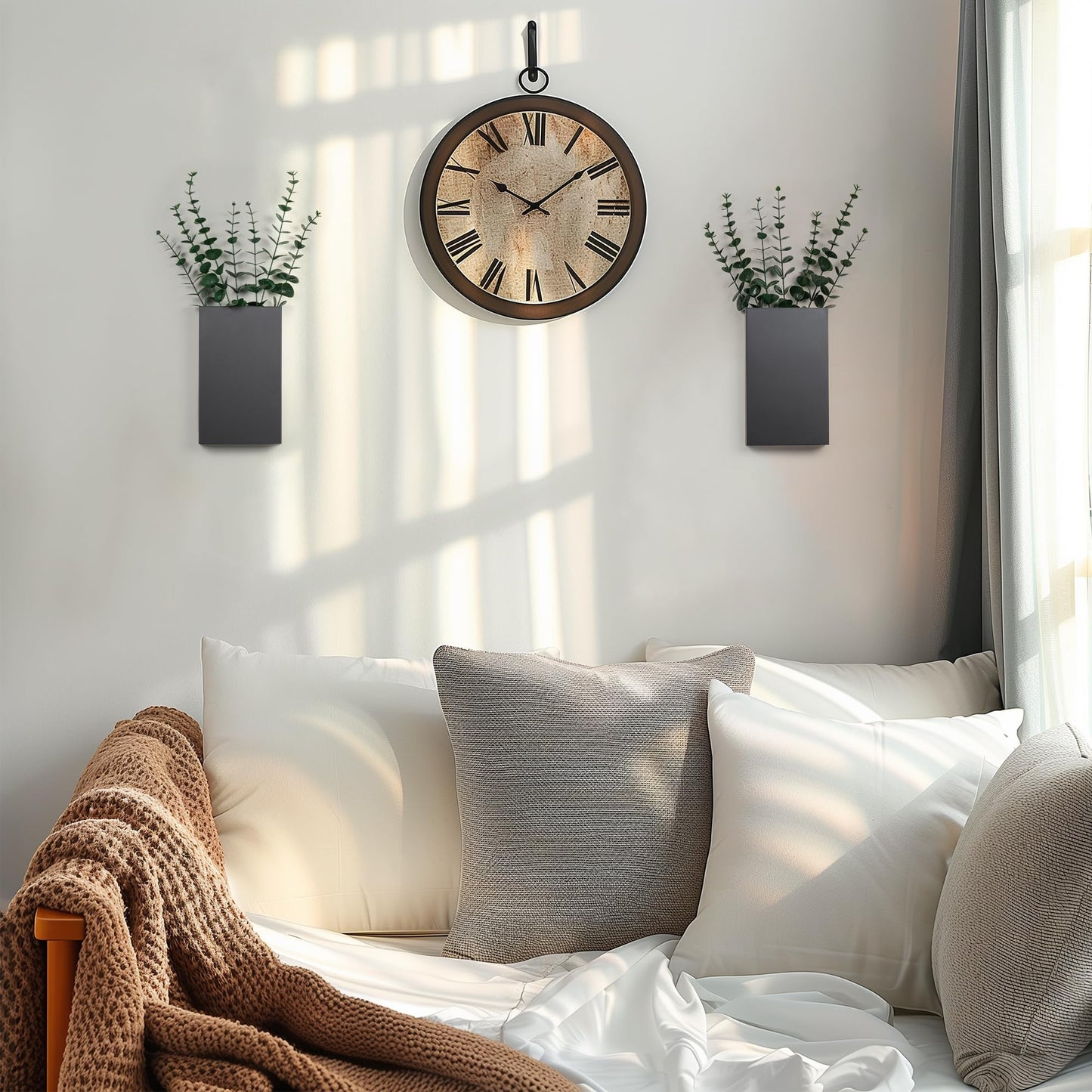 2 Pack Metal Wall Planter Vases Decor with Artificial Eucalyptus, Modern Farmhouse Rustic Hanging Pocket Planters for Indoor Greenery and Flowers, Living Room Bedroom Kitchen and Stairway Decoration