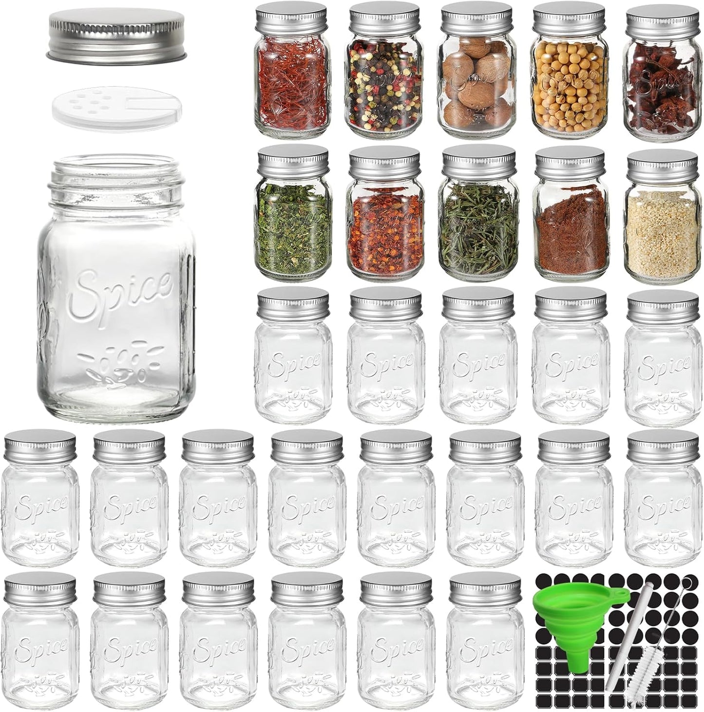 CycleMore 30 Pack 4oz Glass Mason Spice Jars, Round Spice Containers with Silver Metal Caps and Pour/Sift Shaker Lids-80pcs Labels,1 Silicone Collapsible Funnel,1 Brush and 1pcs Pen Included