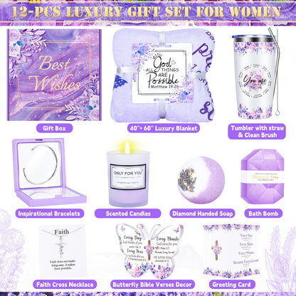 Fortuning's JDS 12PCS Christian Gifts for Women Faith, Inspirational Gifts for Women,Purple Birthday Get Well Soon Gifts, for Mom Her Wife Girlfriend Friend Siste Birthday Gifts