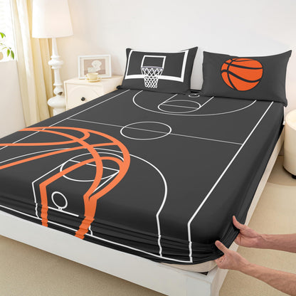 Basketball Court Print Fitted Sheet Set Full Size 4Pcs,Ball Sports Games Themed Bedding Set(1 Fitted,1 Flat,2 Pillows),Orange Basketball and Hoop Deep Pocket Bed Sheets for Girls Teens Room