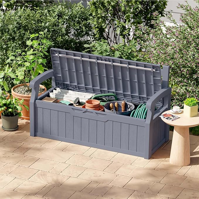 Patiowell 75 Gallon Plastic Storage Bench, Water-Resistant Deck Box for Patio Furniture, Garden Tools, Pool Storage and Outdoor Cushions, Grey
