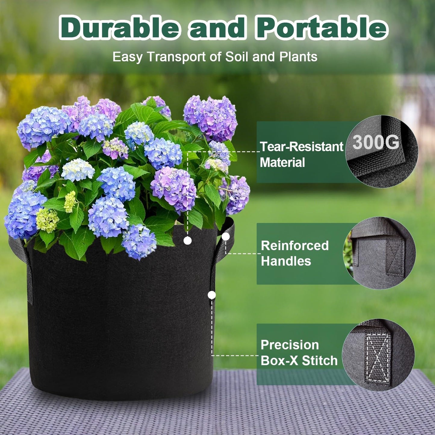 COKIELE 5 Pack 5 Gallon Grow Bags, Thickened Aeration Nonwoven Fabric Plant Pots with Handles, Heavy Duty 300G Garden Planting Bag for Tomato, Potato, Strawberry, Vegetable, Fruits and Flowers
