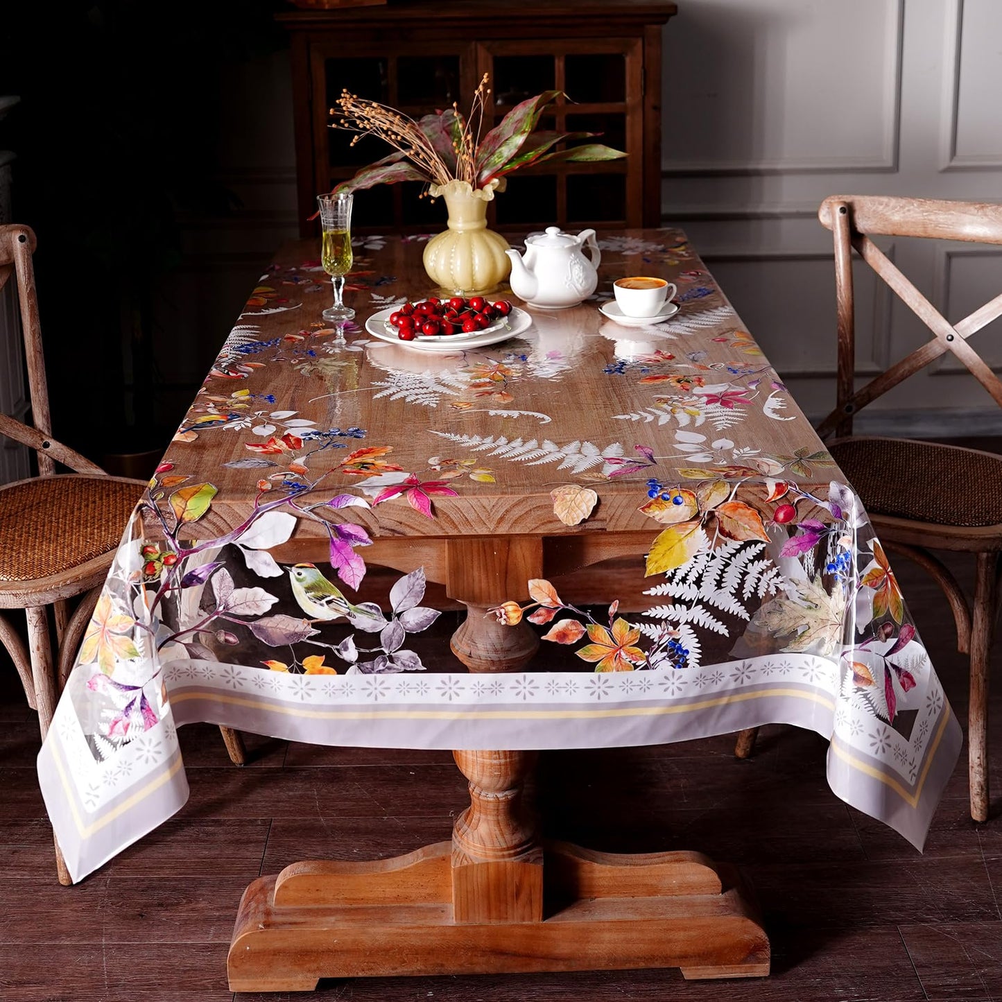 Artbloss Clear Table Cover Protector Vinyl Table Cloth Oil Spill Proof Vintage Rustic Plastic Table Covers for Dining Tables (Birds, 60 x 84 Inches)