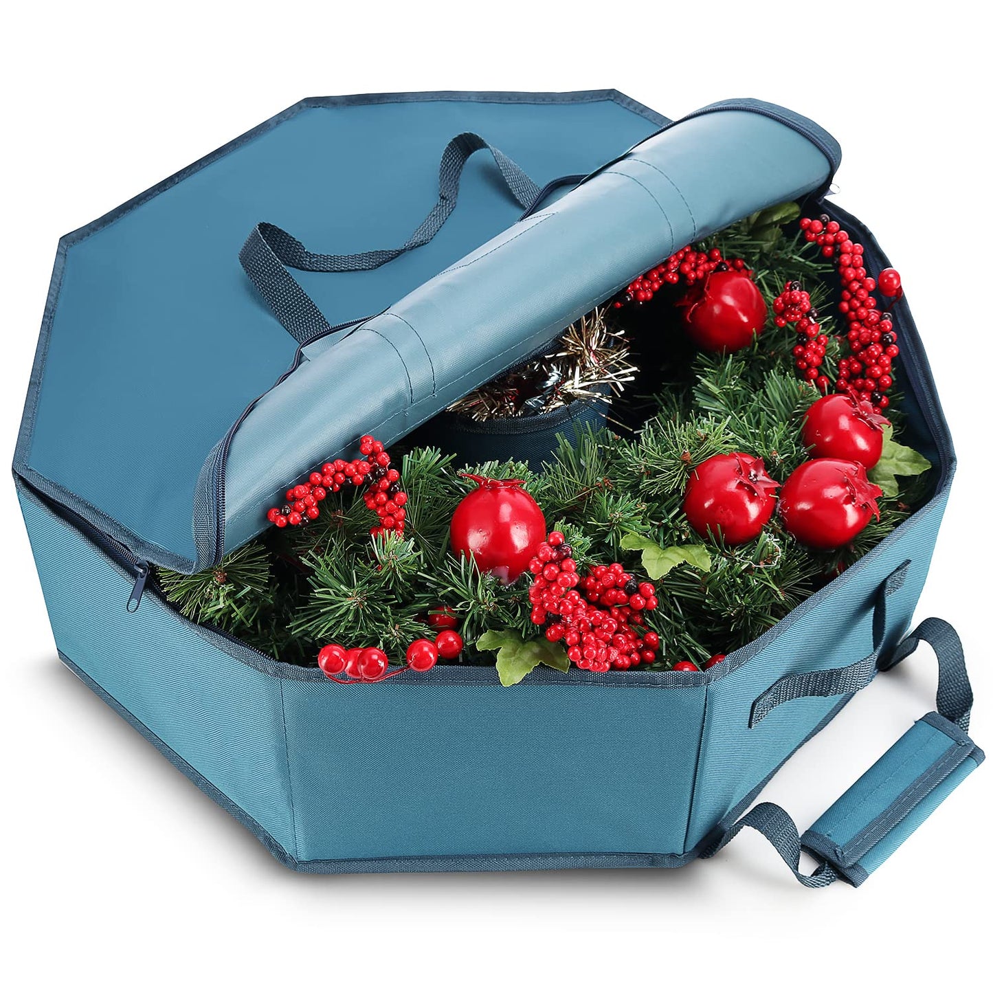 Wreath Storage Container - Hard Shell Christmas Wreath Storage Bag with Interior Pockets, Dual Zipper and Handles - 24" Premium Wreath Storage Organizer Box by Hearth & Harbor