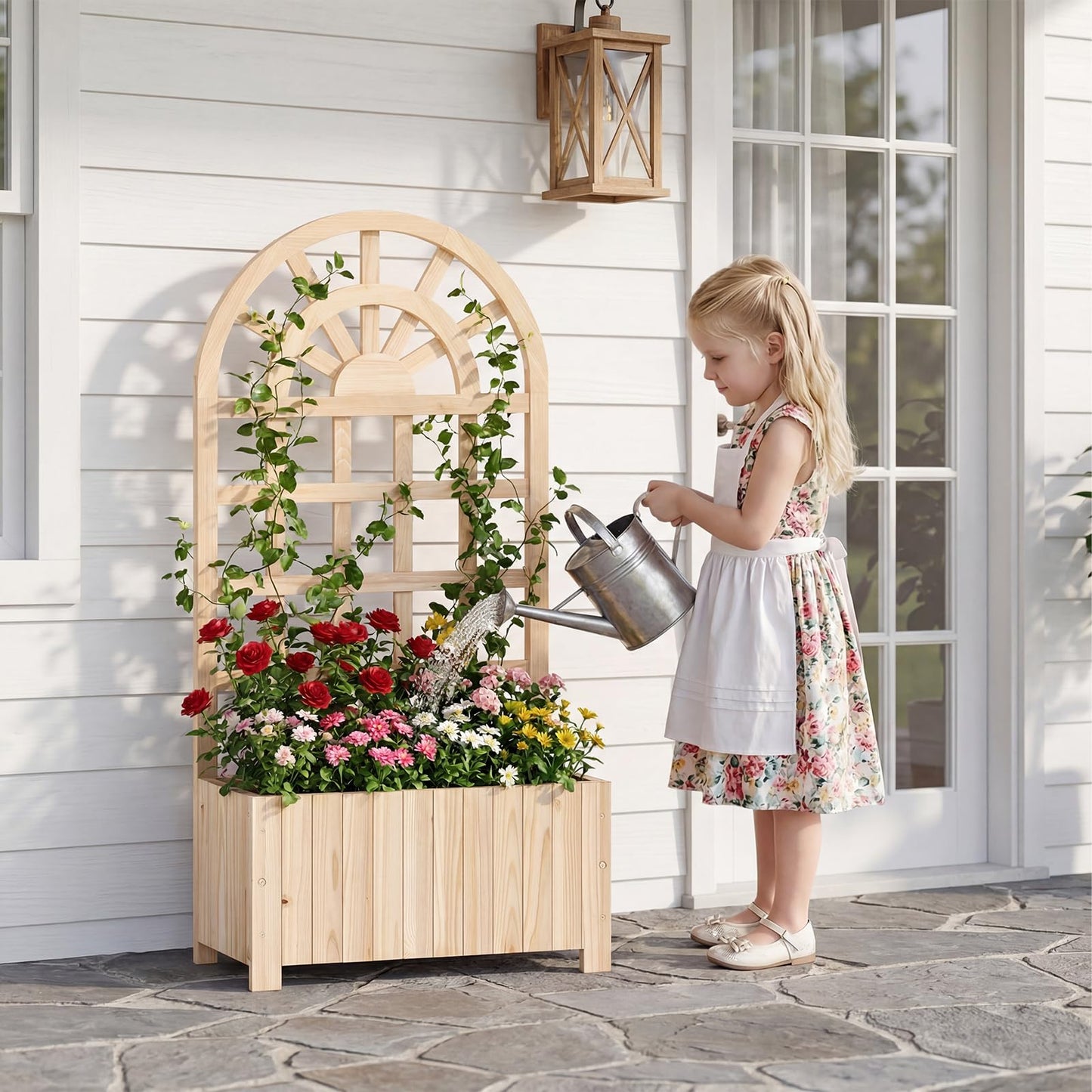 Giantex Wooden Raised Garden Bed with Arched Trellis, 48” Fir Wood Outdoor Elevated Planter Box Privacy Screen with Drainage Holes, Vertical Garden Bed for Climbing Plants, Patio Balcony Backyard