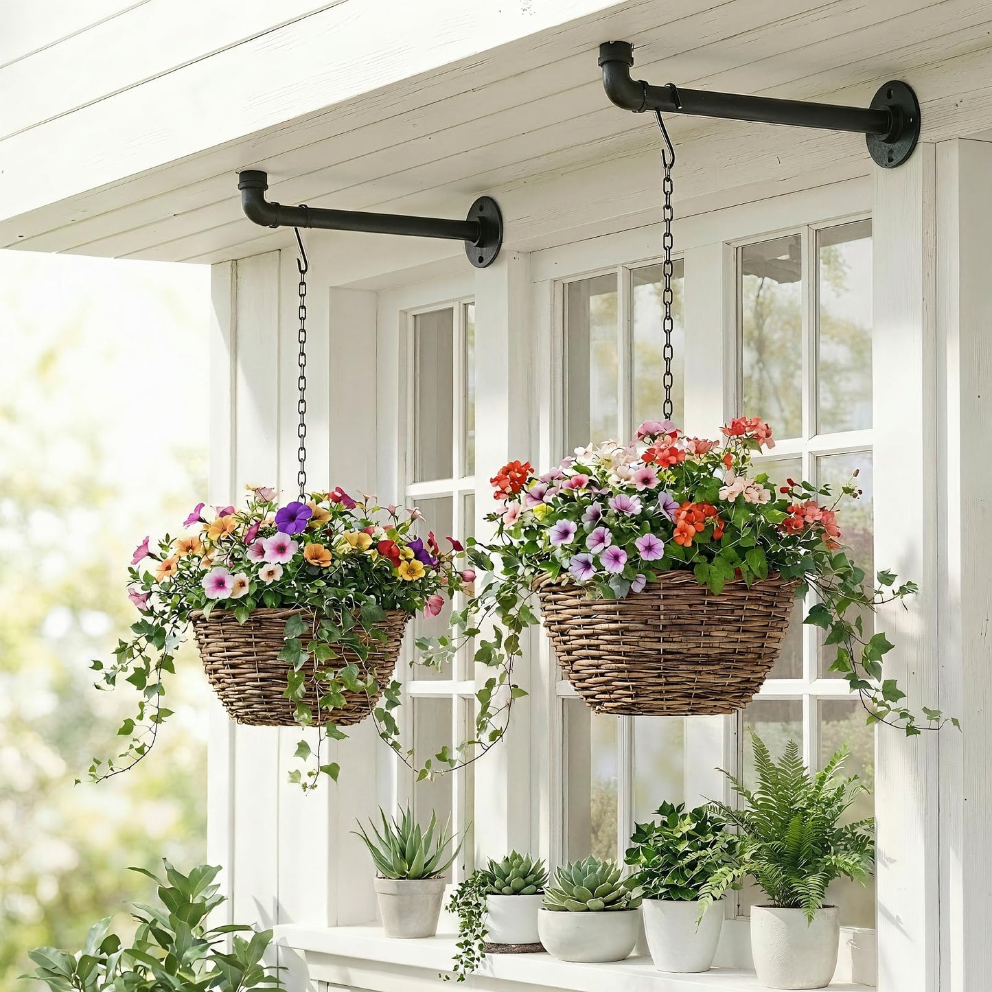 ZYUXUAN 2 Pack Black Metal Pipe Plant Hanger Indoor with Hanging Chains, Industrial Window and Wall Mounted Hanging Rod Planter for Plants, Pot/Plant Not Included