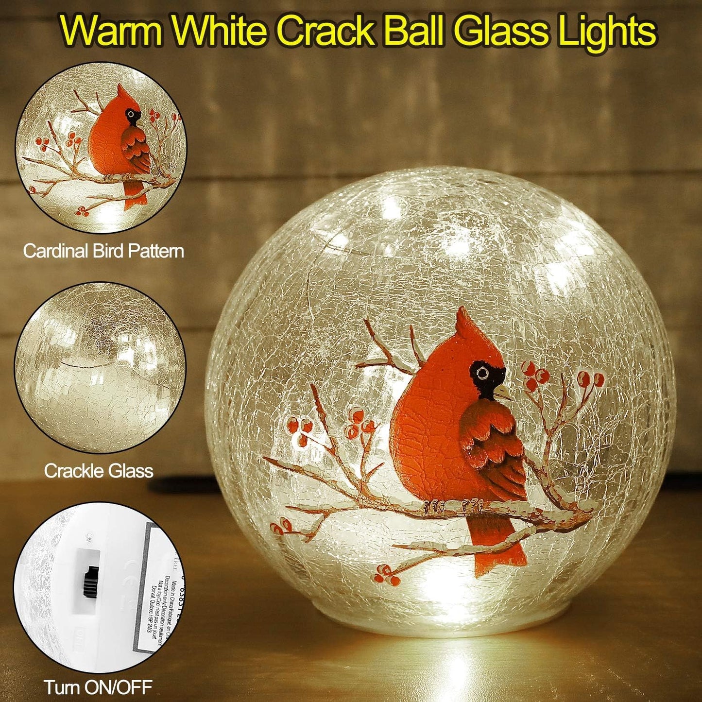 Crackle Glass Ball Cardinal Lamp with Timer, Light Up Red Cardinal Stained Glass Christmas Decor Accent Lamp, Lighted Red Bird Globe Glass Table Lamp, Orb Cardinal Night Light 2 Pack (6in & 5 in)