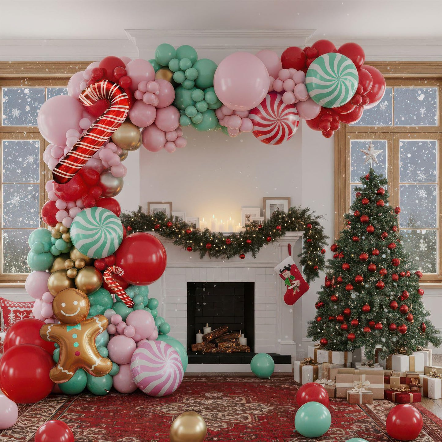 Christmas Balloon Garland Arch kit green pink red balloon with cookie Gingerbread Cane Candy Foil Balloons for friendsmas Xmas New Year Birthday Party Supplies Party Decorations globos de navidad