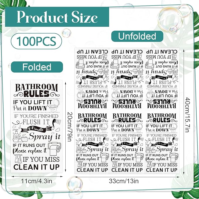100 Pcs Bathroom Rules Paper Napkins Disposable Hand Towels