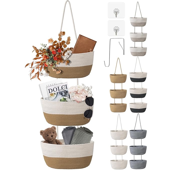 3 Tier Wall Mounted Woven Hanging Basket, Over the Door Hanging Basket
