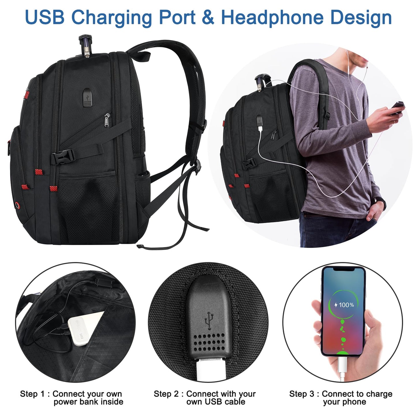 Z-MGKISS Men's Extra Large 55L Anti-Theft Backpack, TSA-Approved for 18.4-19" Gaming Laptops, Gym Work Travel for Business College Daypack (Black)