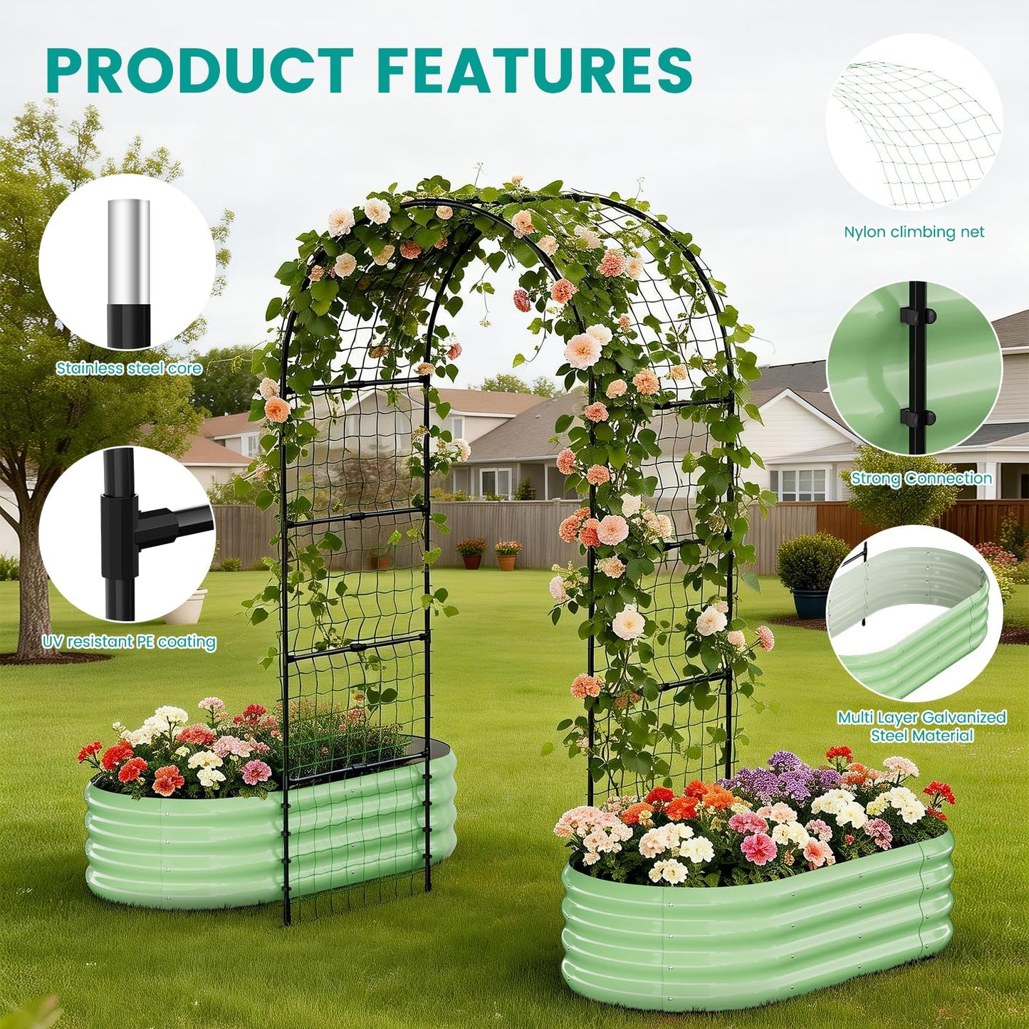 SUNYRISY Galvanized Raised Garden Bed with 87" H Arch Trellis for Climbing Plants Outdoor, Metal Planter Box with Netting for Gardening Flowers Vegetables Fruit Herb, Green