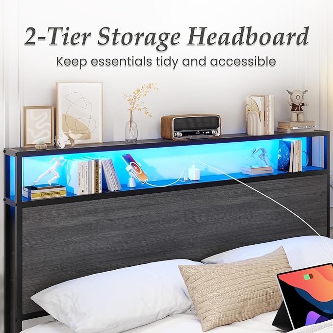 Lifezone Full Bed Frame with 2-Tier Storage Headboard, Metal Bed Frame with