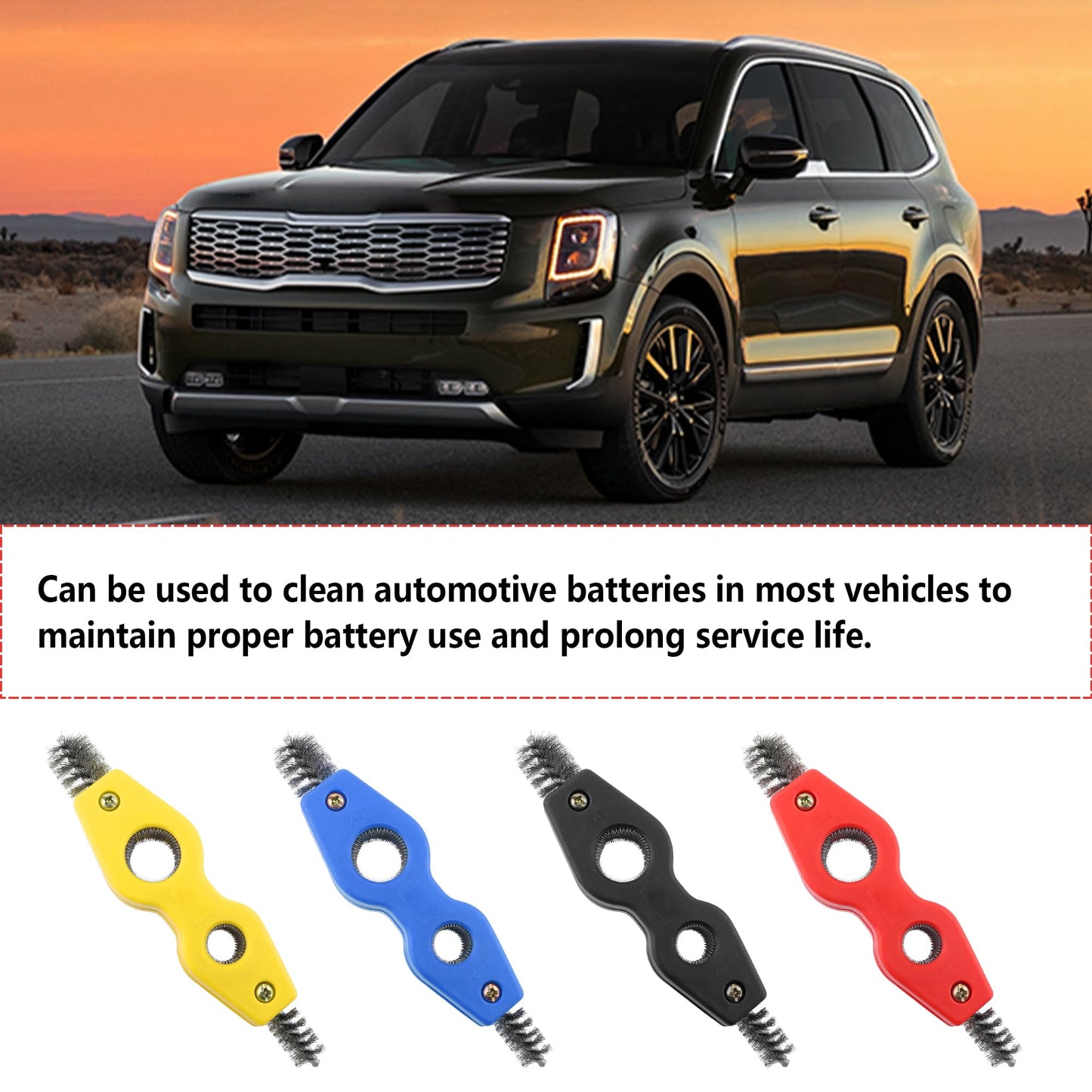 Stacool Car Battery Terminal Cleaner,Stainless Steels 4-in-1 Battery Post Cleaner for Post Adapter & Clamps,Multi-Purpose Car Cleaning Accessories (Black)