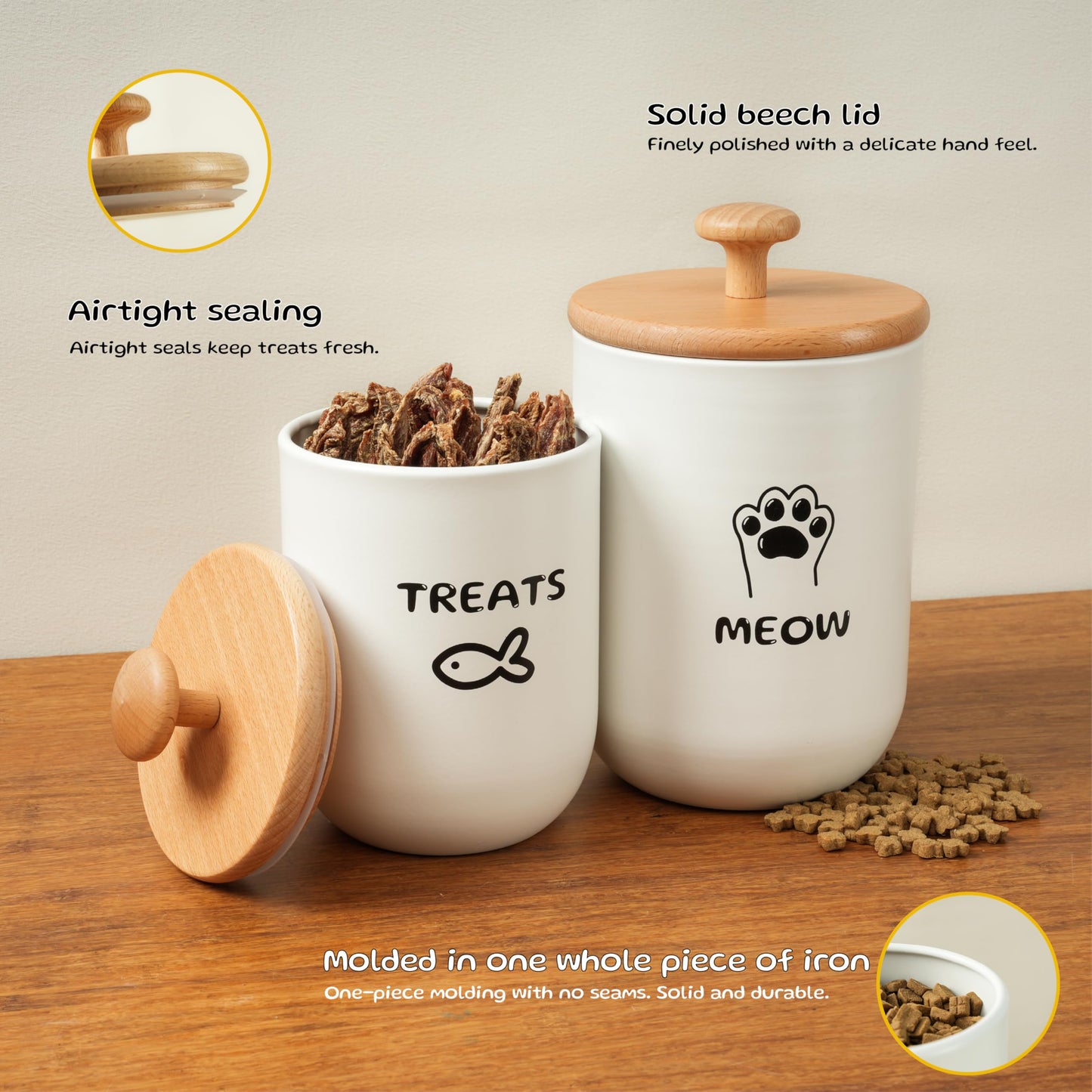 OTTENON Cat Treat Container with Airtight Lid, Cat Food Oganizer Dry Food, Cat Food Storage Containers, Pet Treats Canister, Cat Treat Jar Set of 2-8.3x4.9 & 7.1x4.3 (White)