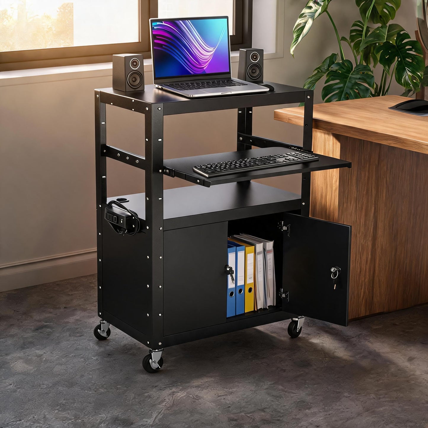 GarveeLife Portable AV Cart with Locking Storage Cabinet, Adjustable Laptop Stand & Drop Leaves, Rolling Workstation with Power Outlets for Classroom, Office, or Home Use