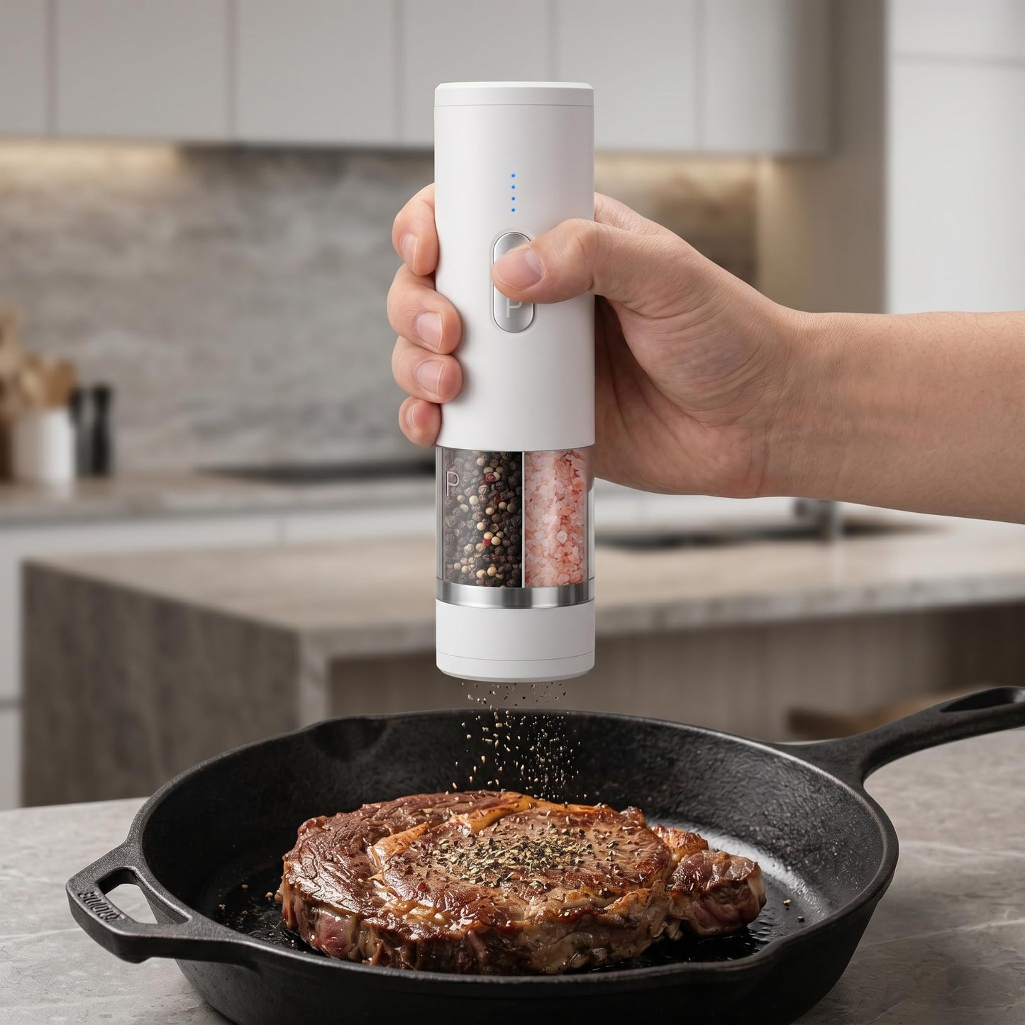 2 IN 1-Electric Salt and Pepper Grinder Set Shakers, Rechargeable Automatic Pepper Mill,with LED Lighting,Adjustable Grinder,Large Capacity-Ideal for Kitchen,BBQ,Ideal Kitchen Gifts (White)