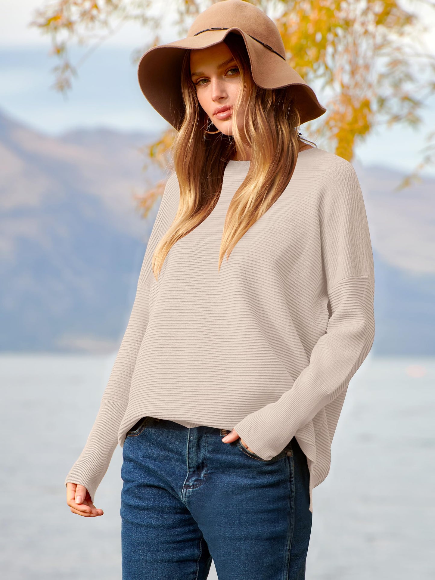 ANRABESS Womens Oversized Batwing Long Sleeve Ribbed Knit Sweaters 2025 Fall Outfits