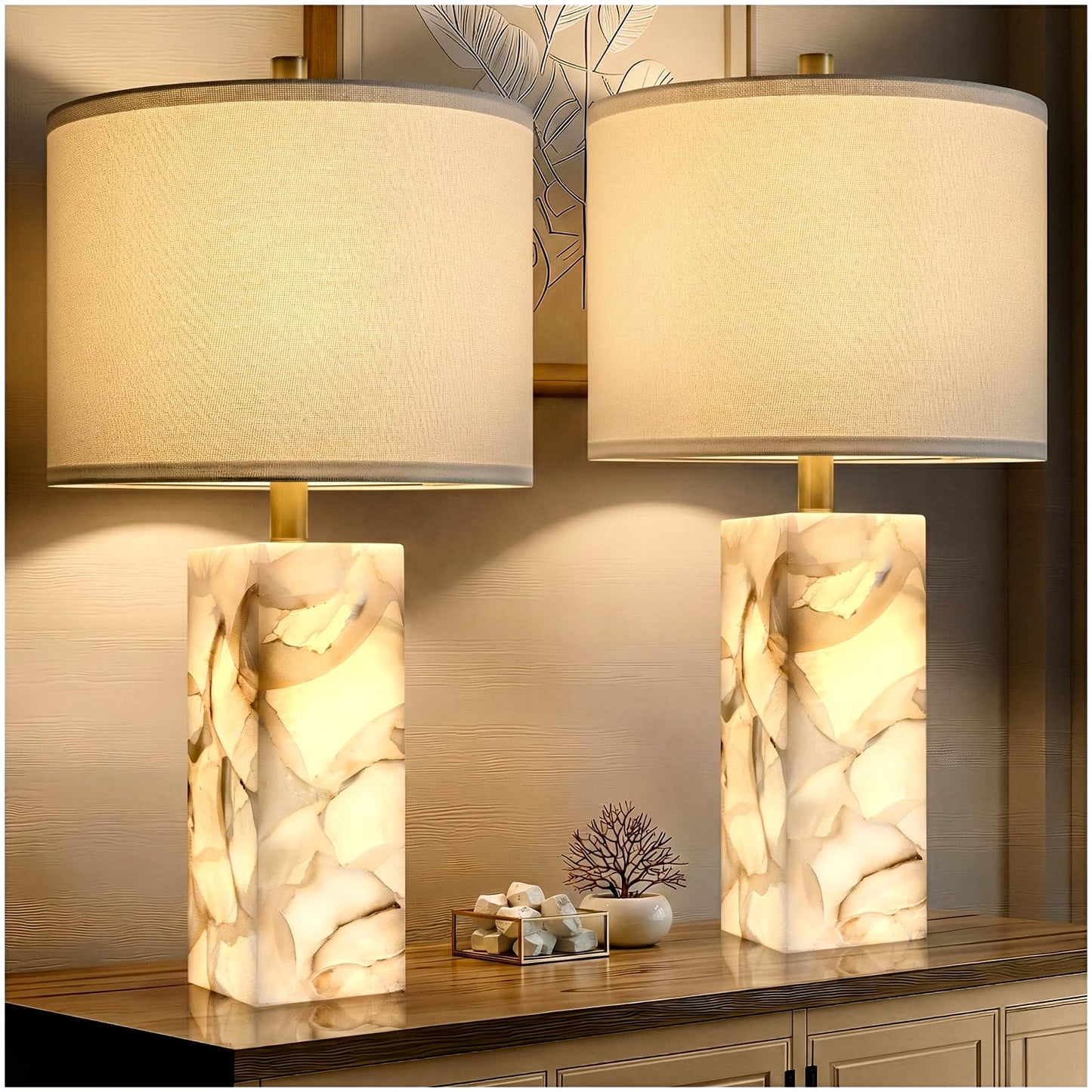 Scenekoy Alabaster Table Lamp Set of 2 with Night Light for Bedroom Living Room, 23" Rotary Switch Bedside Lamp with Linen Shade, Modern Nightstand Lamps for Room Office Dorm (Bulb Included)
