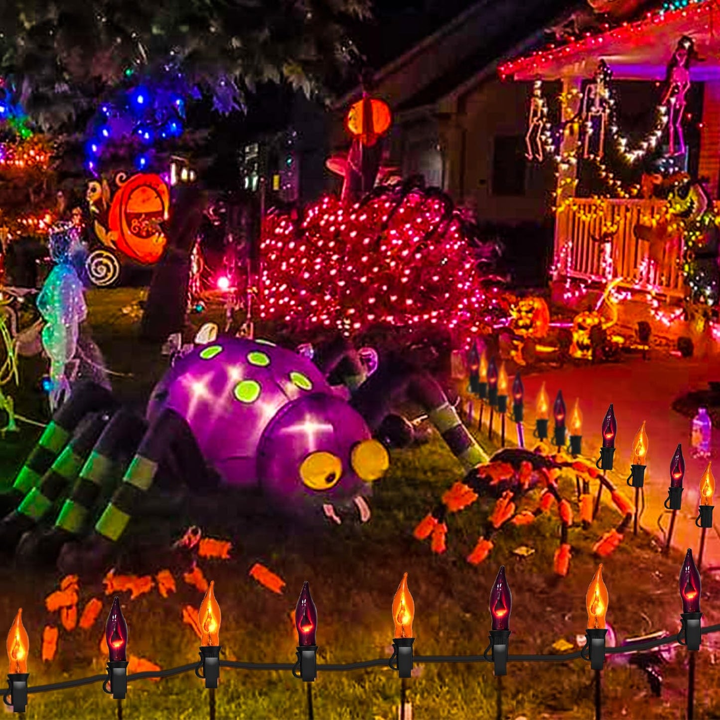 PASUTO Orange and Purple Halloween Lights - Flickering Flame String Lights, 12.8Ft Indoor Outdoor Halloween Lights C7 Retro Flame String Lights, Ideal for Fall Halloweens Decorations for Home Party