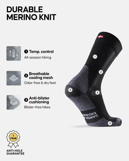DANISH ENDURANCE Outdoor Walking Thermal Socks, Merino Wool, Premium Comfort Hiking Socks for Men & Women Unisex 3 Pack, Black, 9-12