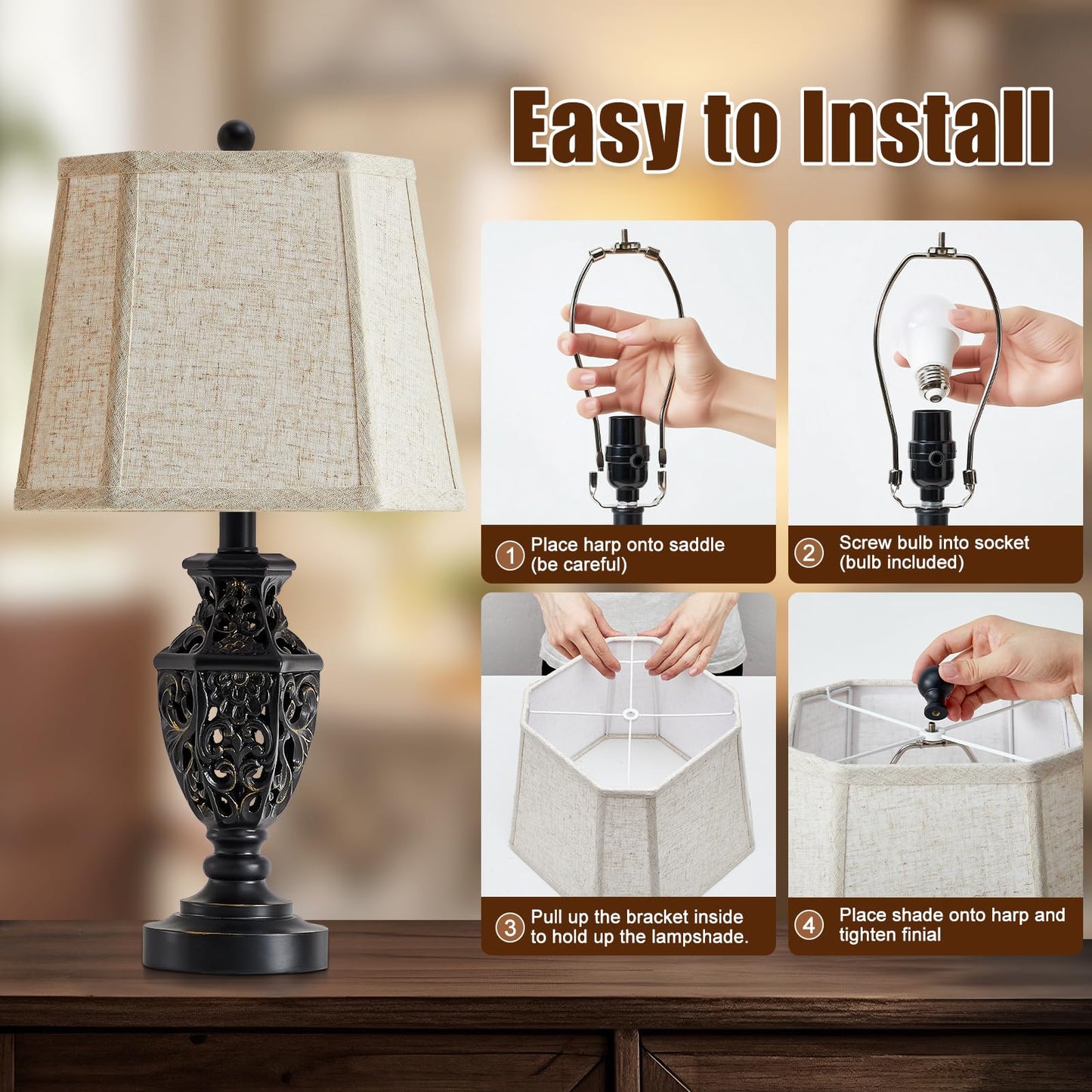 EJIAXIN Lamps for Night Stands Set of 2-23.5" Vintage Bedside Lamp with USB A+C and Nightlight - Black Retro Carved Resin Farmhouse Table Lamp for Bedrooms, End Tables, Living Room, Bulbs Included