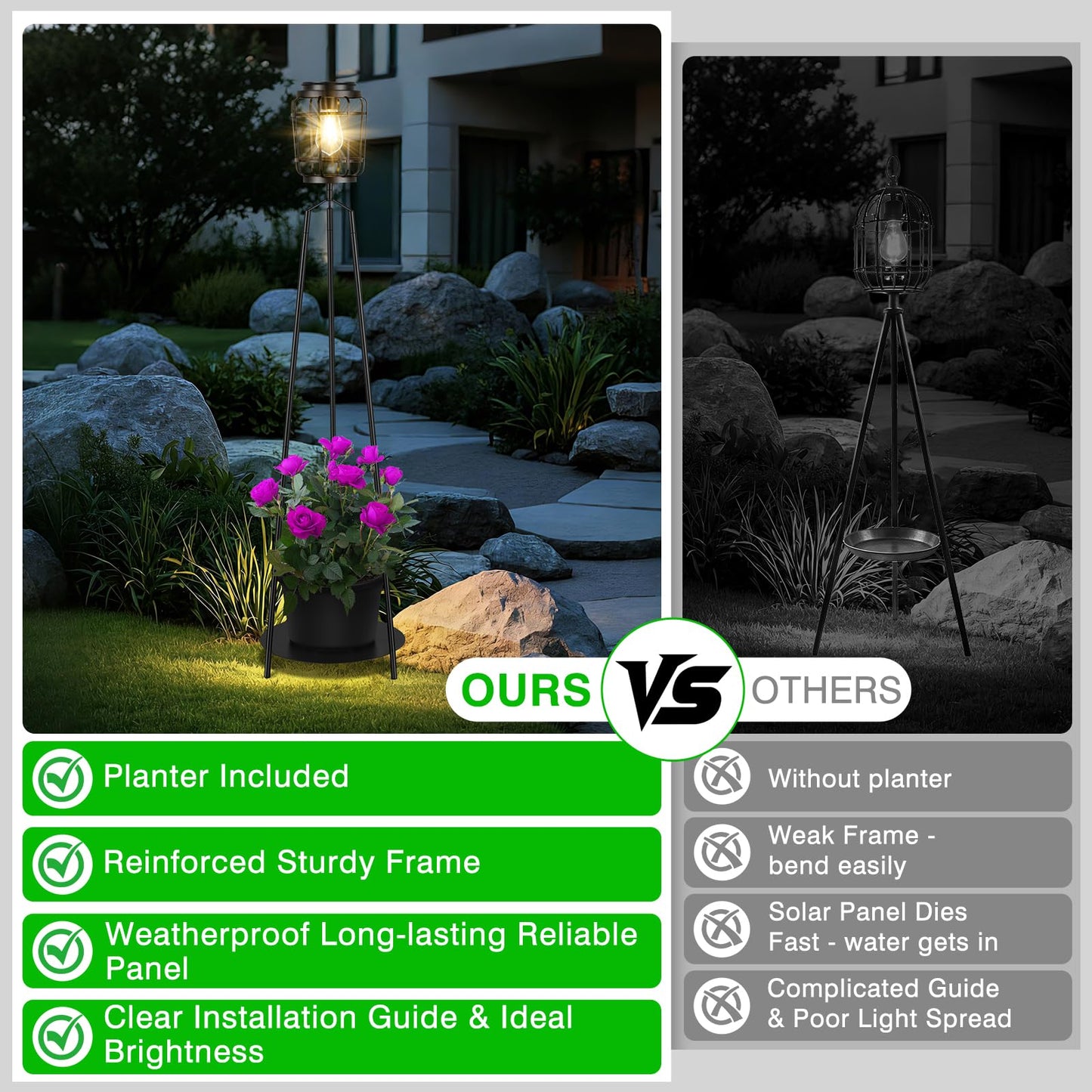TOWPONICS 2-Pack Solar Lights with Plant Stands, 40.75'' Solar Powered Outdoor Floor Lamp with Planter, IP65 Waterproof Outdoor Lamp for Patio Deck Porch Yard Garden Decor, 8-12 Hours Lighting