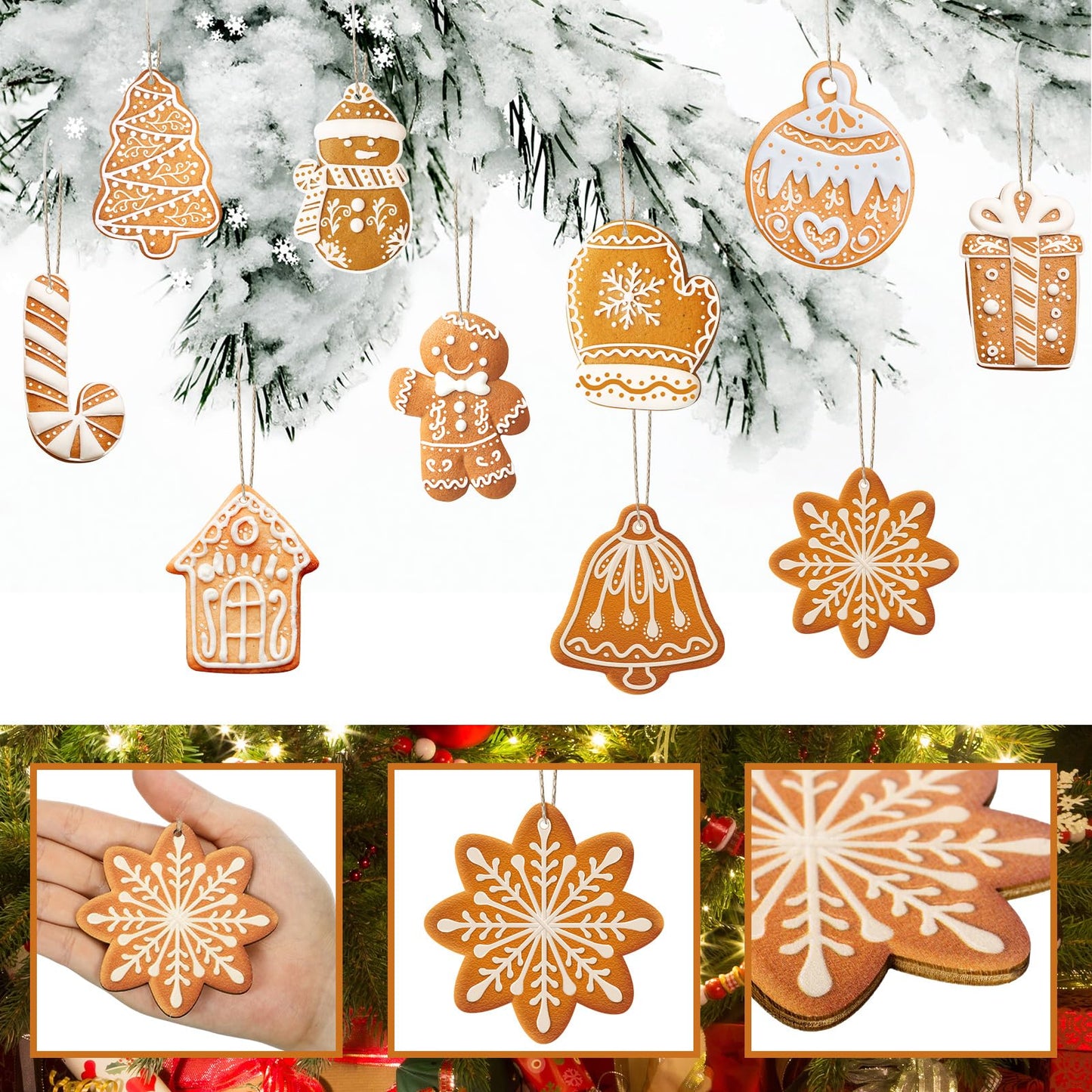Geelin 40 Pcs Christmas Gingerbread Ornaments Small Wooden Cookies Baking Theme Christmas Tree Hanging Gingerbread Ornaments Pie Decoration for Xmas Tree Festive Season Holiday Party(Classic)
