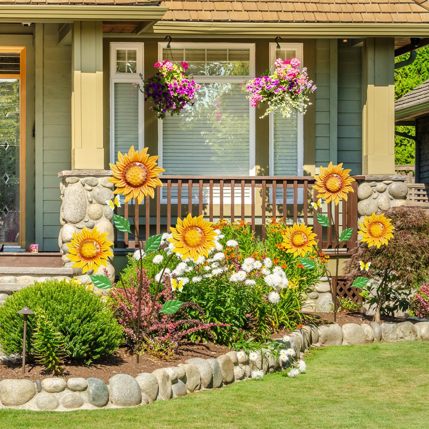 WKHOMEDECO Metal Flowers for Outside, 30-Inch Iron Sunflower Garden Stakes Set of 2, Metal Yard Art Outdoor and Garden, Decorative Garden Stakes for Patio & Lawn Decor (Yellow)